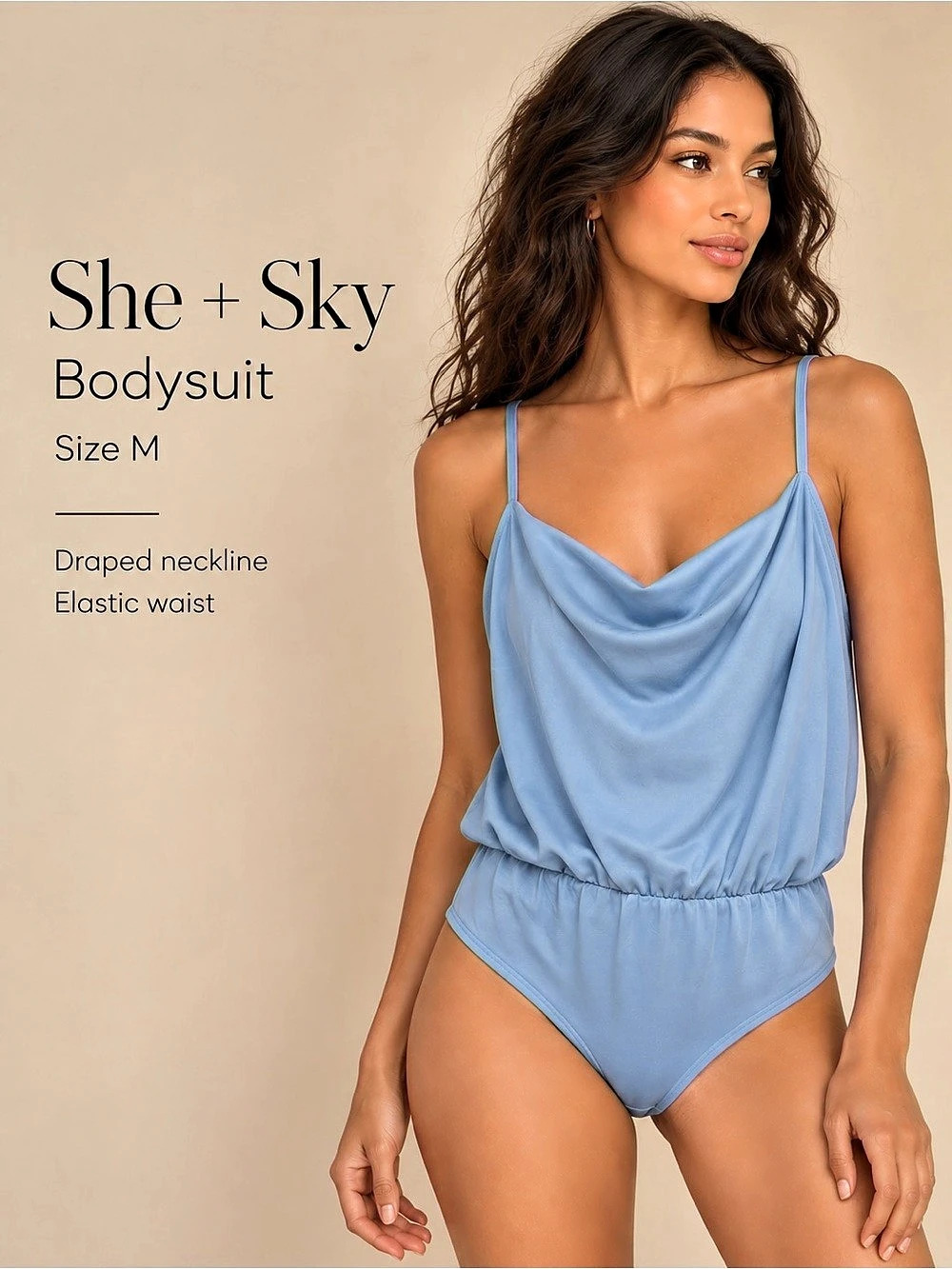 She + Sky Cowl Neck Bodysuit Blue Size M NWT